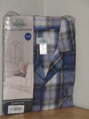 Global Men's Cotto Pajamas Set Size X-Large Black Grey Red Plaid New in Package